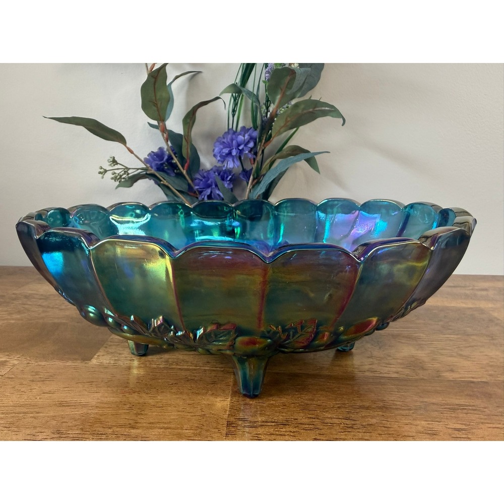 Indiana Glass Harvest Grape Carnival Glass Bowl Blue Purple Iridescent Footed